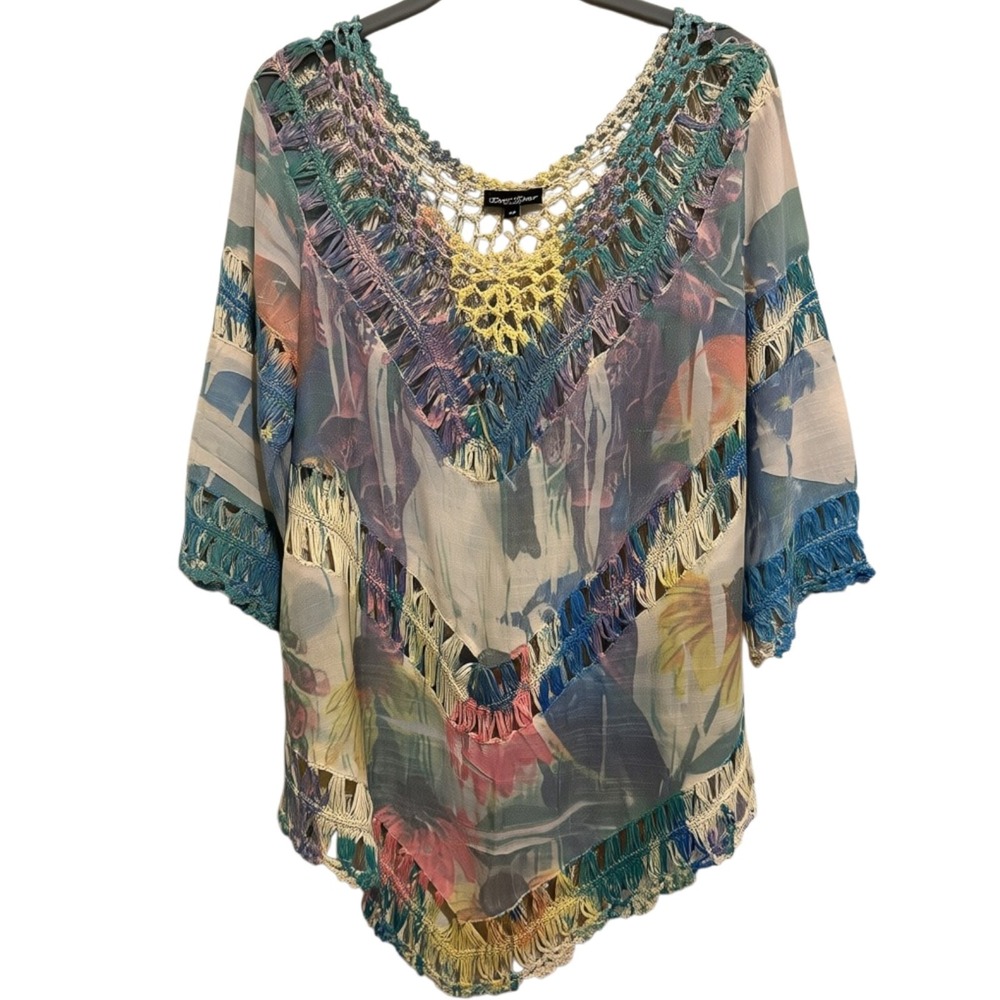 Dor Dor Couture Crochet‎ Floral Asymmetrical 3/4 Sleeve Top Boho Festival Size M